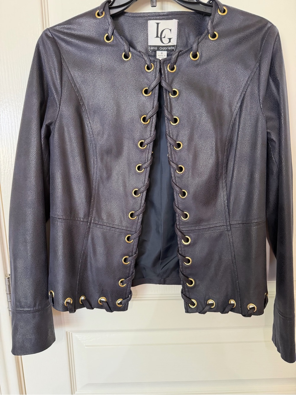 LG Navy Faux Leather
Lace-Up Jacket with Gold Eyelets